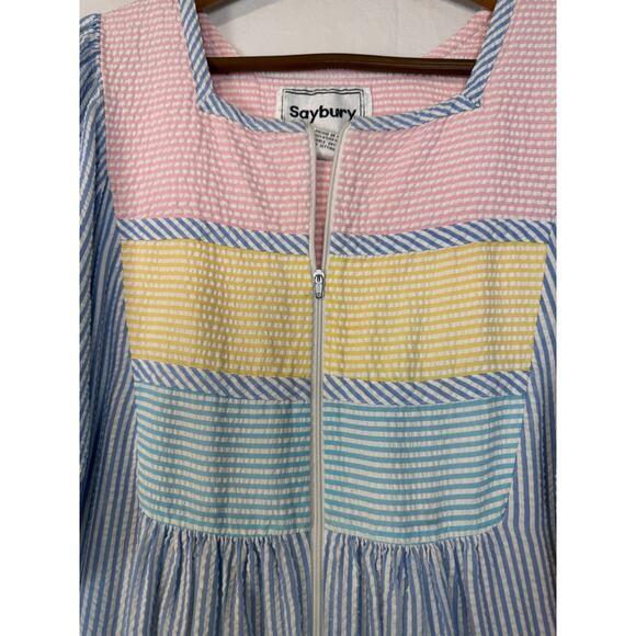 VTG 80'S Saybury Pastel‎ Seersucker Stripe Maxi Zip Up House Dress Robe Medium - Picture 7 of 9